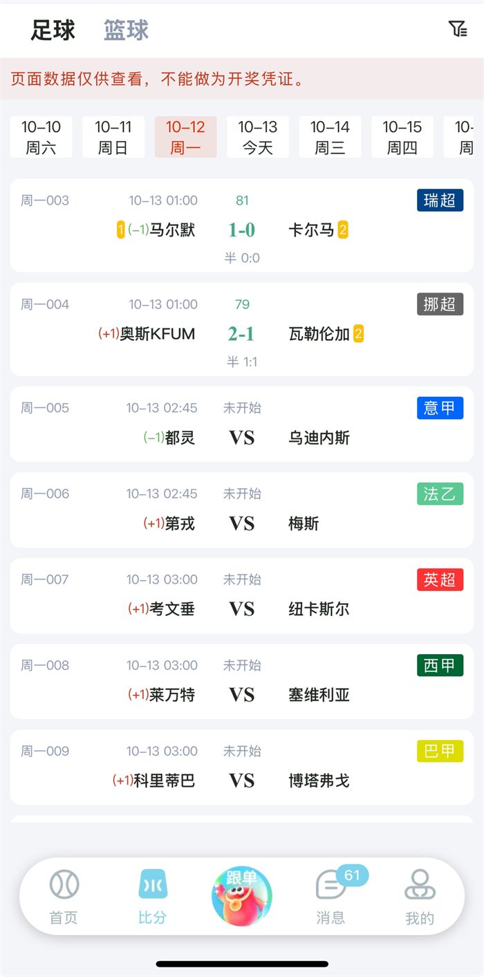 火红信使APP足球比分列表页截图:日期切换、联赛标签、让球与实时比分